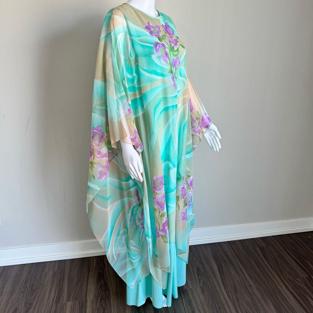 VTG 1970’s Floral Printed Chiffon Maxi Kaftan Dress - Picture 4 of 11